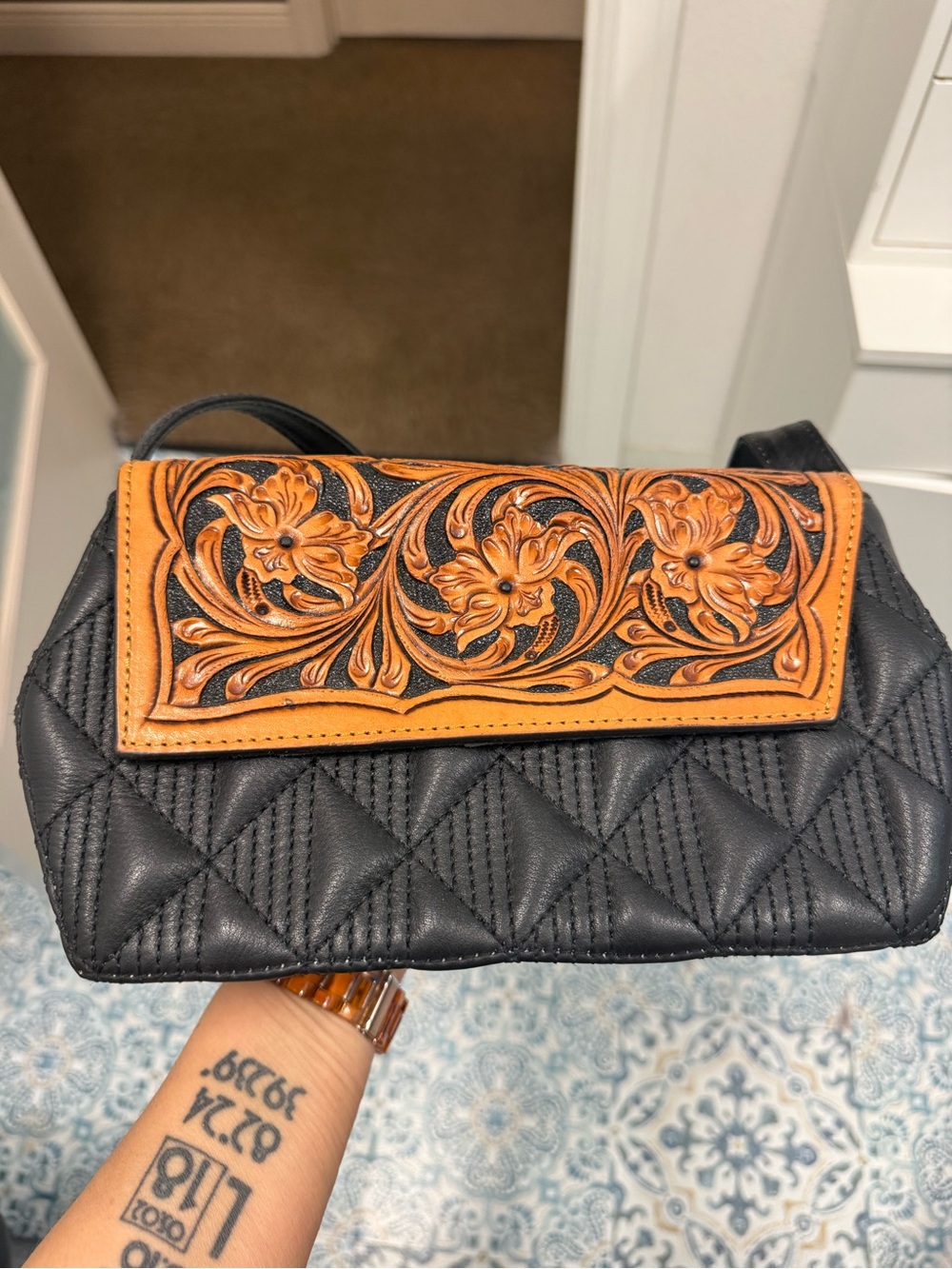 American Darling Black Quilted Crossbody with Tan Floral Tooled Flap